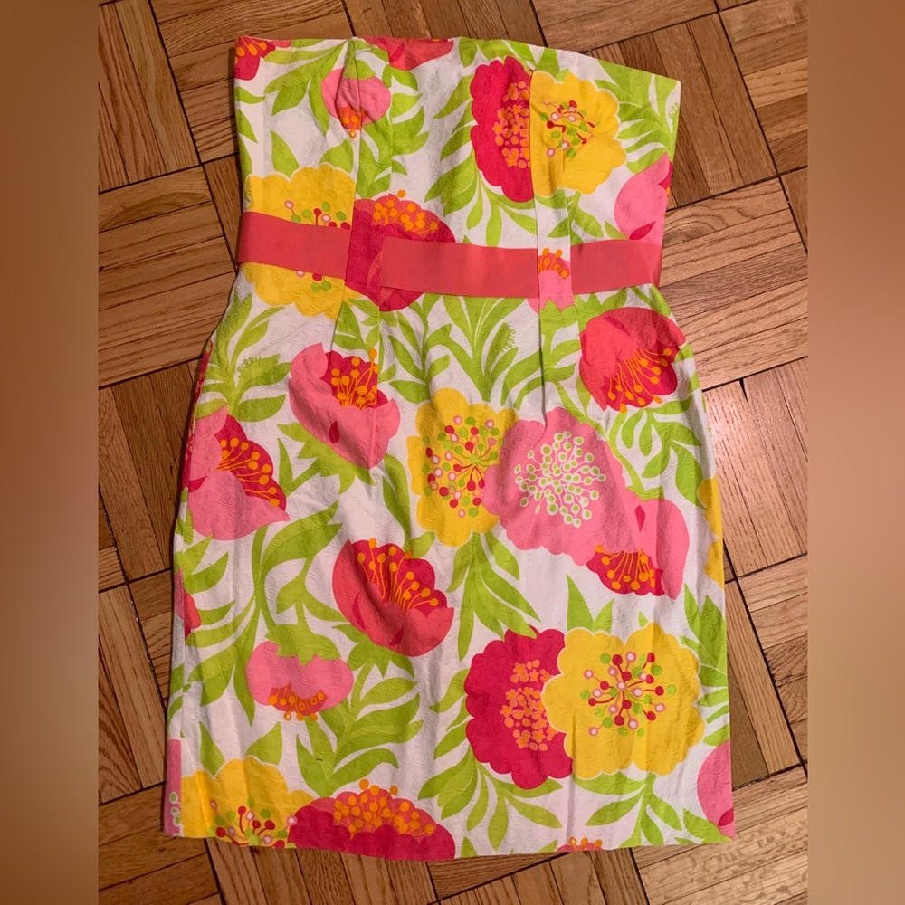 Lily Pulitzer pink and green strapless floral mini